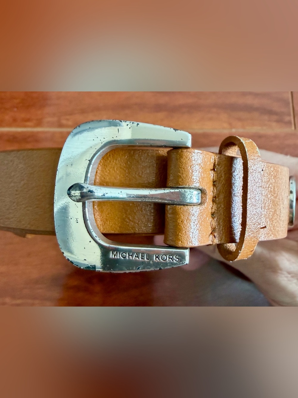Michael Kors Tan Leather Men's Belt with Branded Silver Buckle